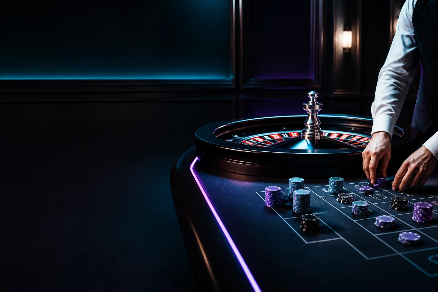 Ruleta y fichas en una mesa de casino