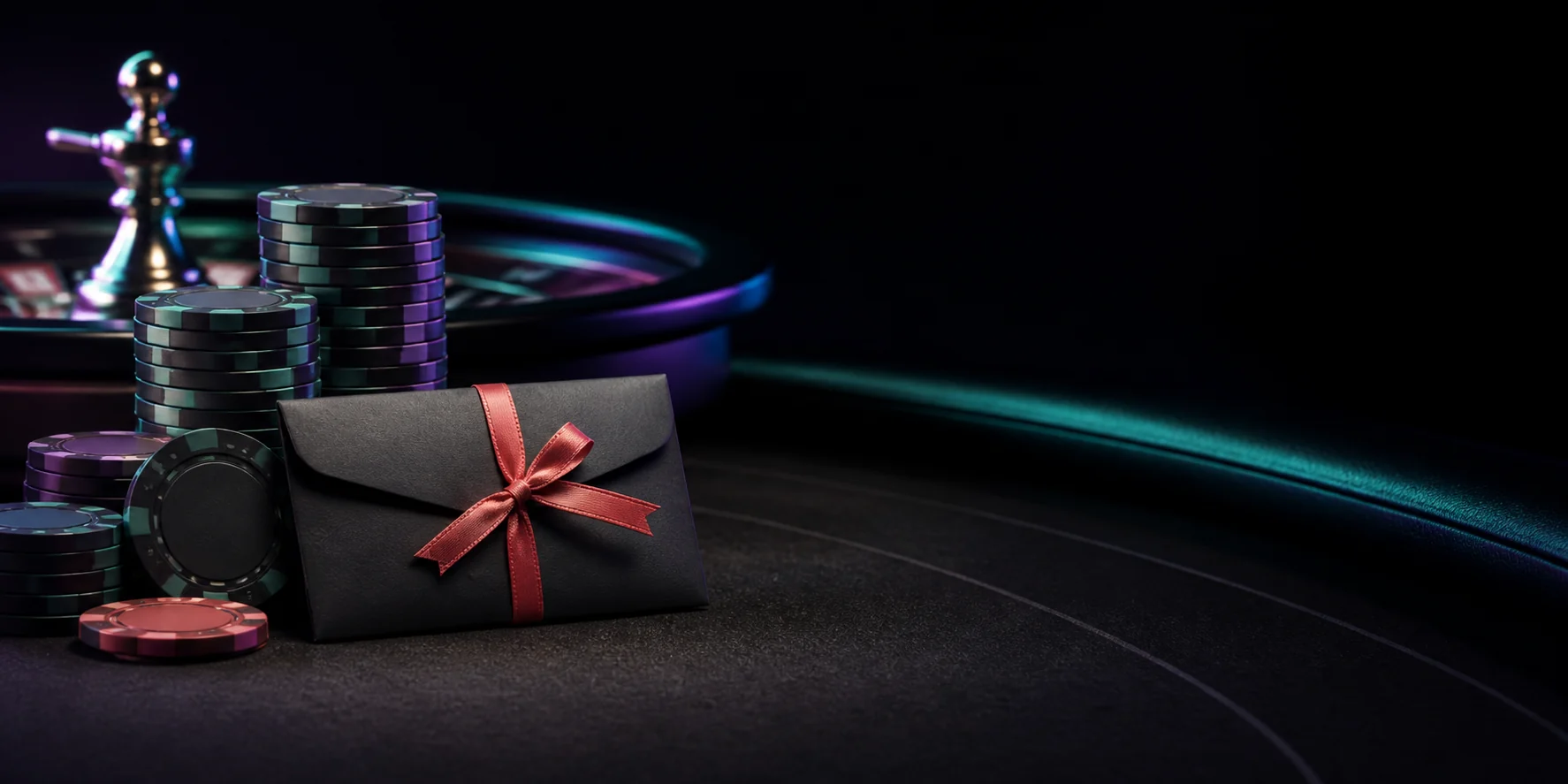 Fichas y sobre de regalo en una mesa de ruleta